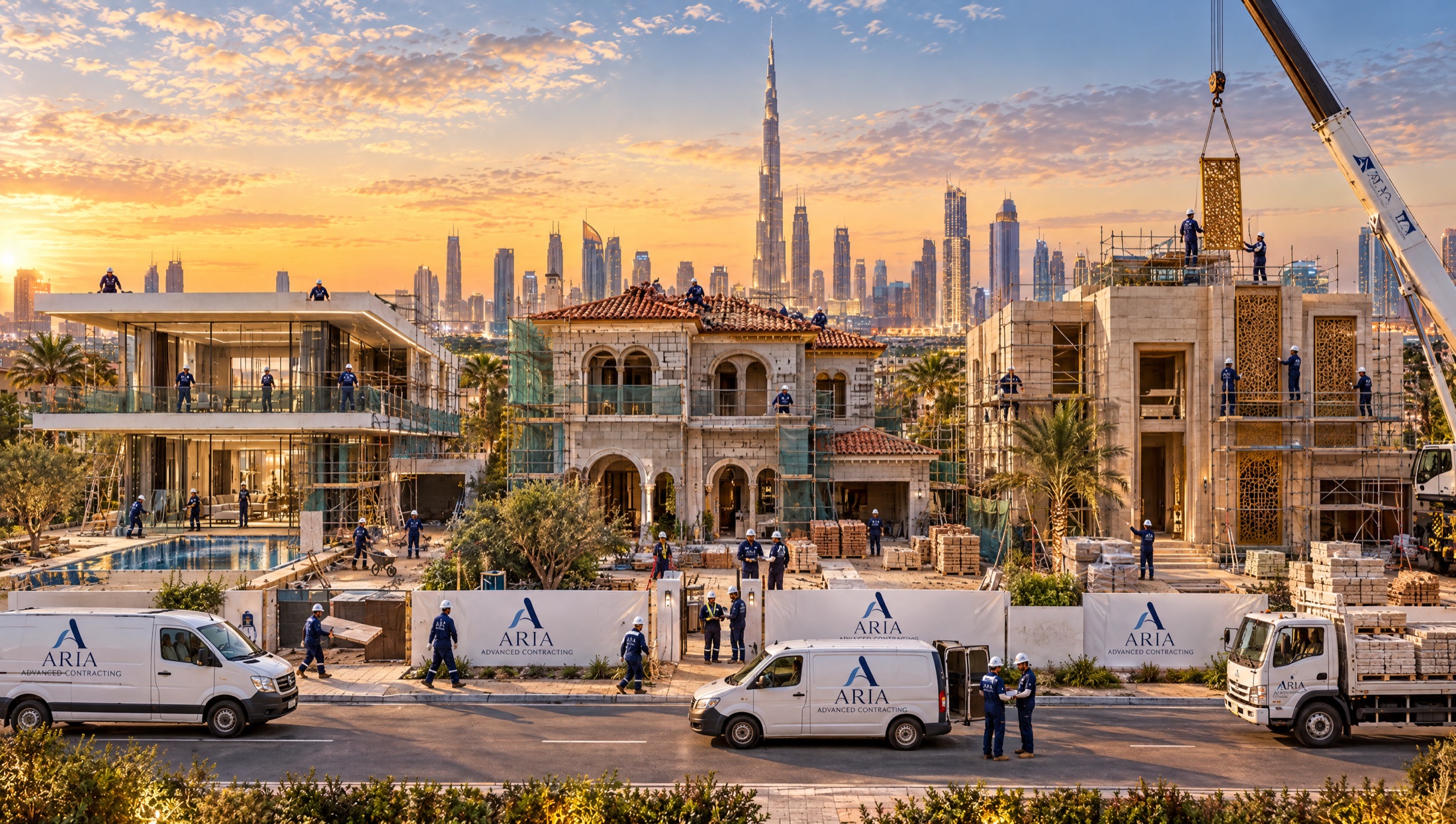 ARIA Advanced Contracting crew in navy uniforms and white hard hats on a villa site, with branded vans and banners and Burj Khalifa behind. AI visualisation.
