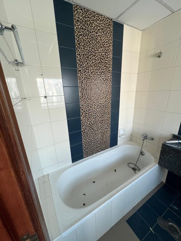 Bedroom 2 bathroom before the works, original bathtub and mosaic feature strip