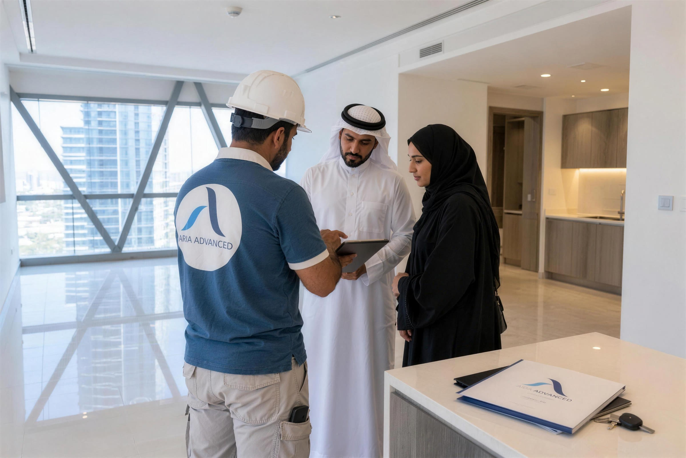 ARIA technician walking the owners through their finished tower apartment at handover. AI visualisation.